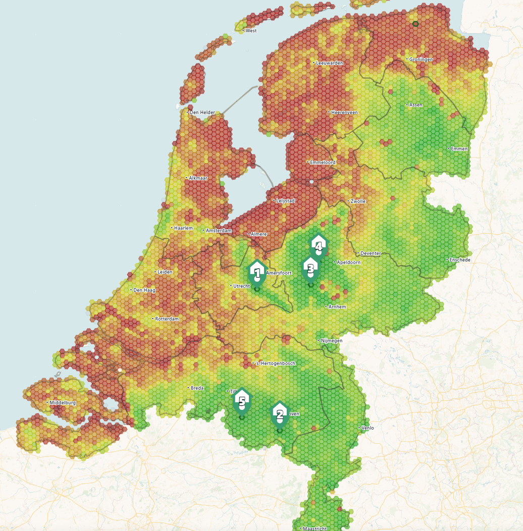 Hexagonkaart van Nederland met vijf beste woonlocaties